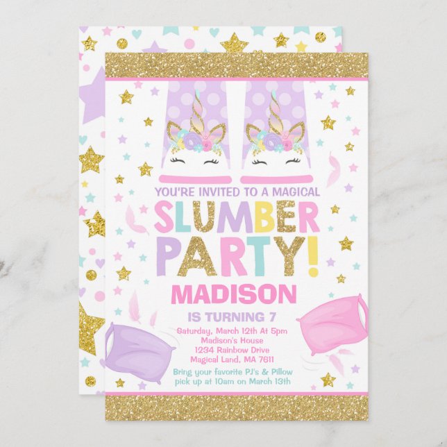 Unicorn Slumber Party Birthday Invitation (Front/Back)