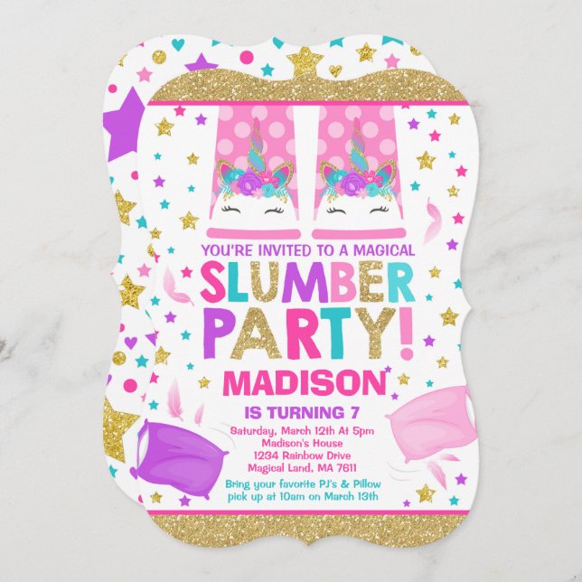 Unicorn Slumber Party Birthday Invitation (Front/Back)