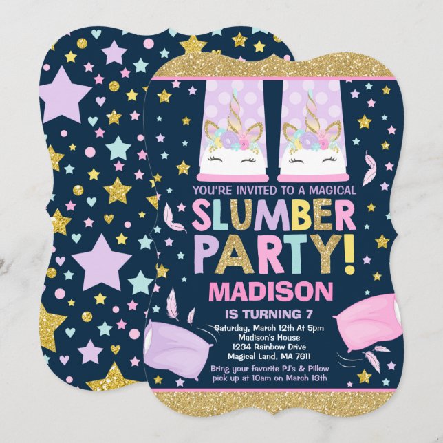 Unicorn Slumber Party Birthday Invitation (Front/Back)