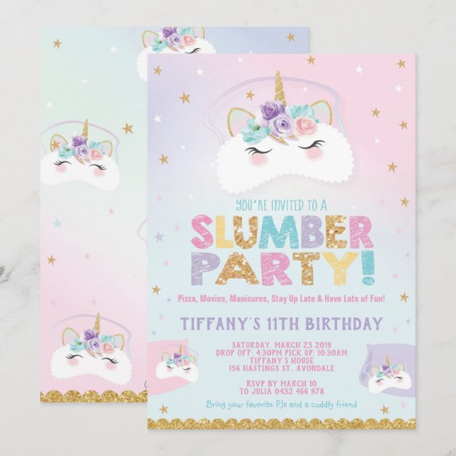 Unicorn Slumber Party Birthday Invitation Pajama (Front/Back)
