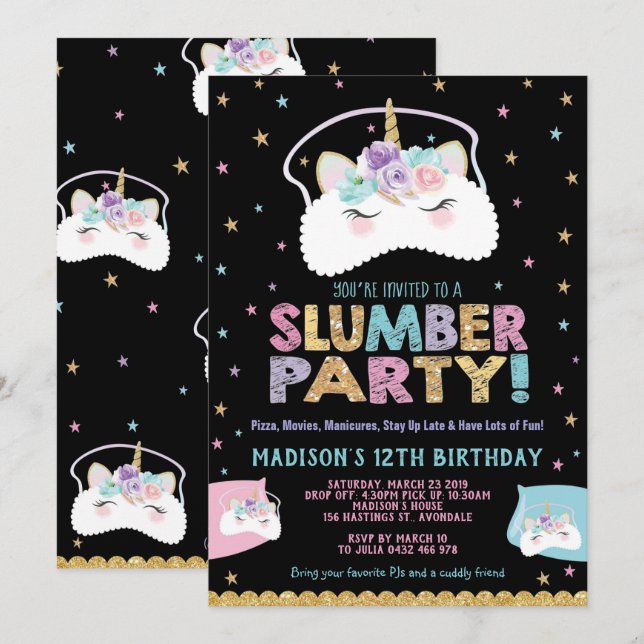 Unicorn Slumber Party Birthday Invitation Pajama (Front/Back)