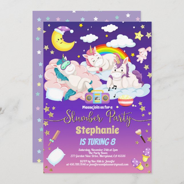 Unicorn slumber party birthday sleepover invitation (Front/Back)
