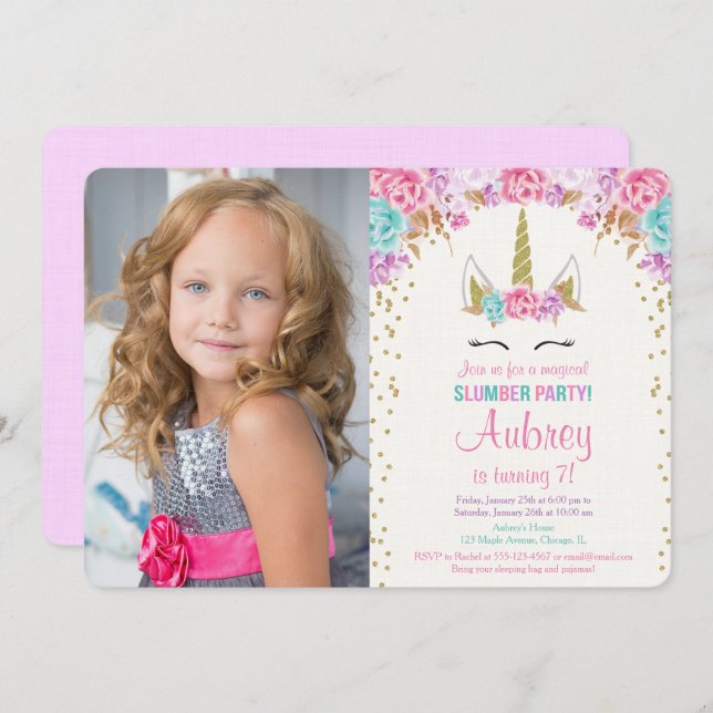 Unicorn slumber party pink and gold photo birthday invitation (Front/Back)