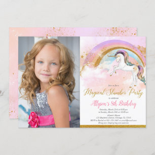 Unicorn slumber party rainbow photo invitation