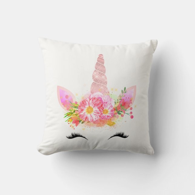 Unicorn Smiling Lashes Black Rose Gold Flowers Cushion (Front)