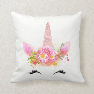 Unicorn Smiling Lashes Black Rose Gold Flowers Cushion