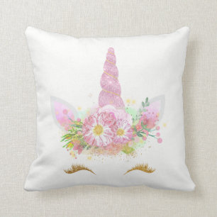 Unicorn Smiling Lashes  Face Pink Floral Girly Cushion