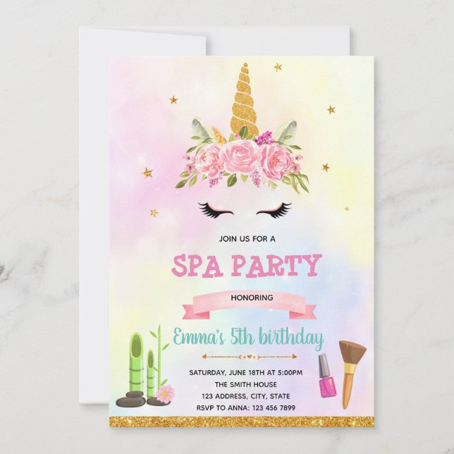 Unicorn spa birthday party invitation (Front)