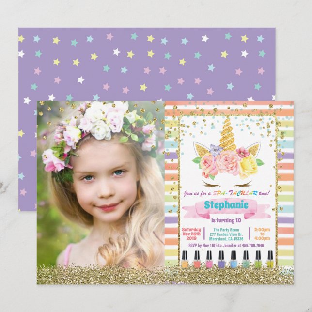 Unicorn spa party girl birthday pastel photo invitation (Front/Back)
