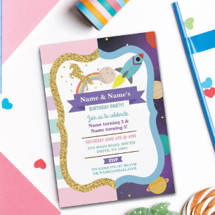 Unicorn & Space Joint Boy Girl Birthday Invites