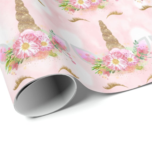 Unicorn Sparkl Glitter Pink Floral Gold Floral Wrapping Paper (Roll Corner)