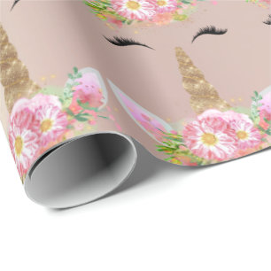 Unicorn Sparkl Glitter Pink Gold Floral Rose Blush Wrapping Paper