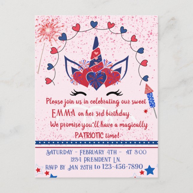 Unicorn sparkle patriot birthday, invitation postcard (Front)