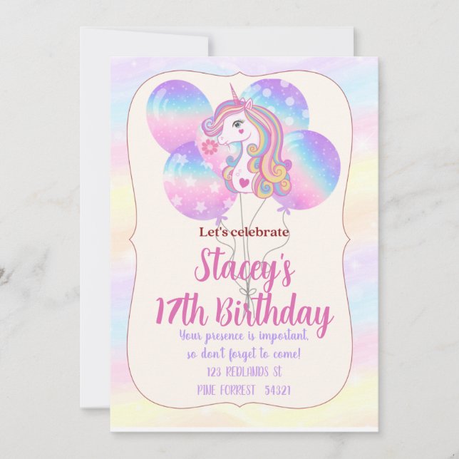 Unicorn Sparkles and Balloons Birthday Invitation (Front)