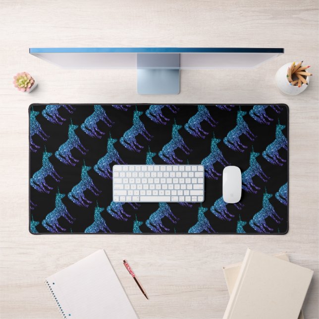 Unicorn Sparkles aqua blue ombre black Desk Mat (Office 1)