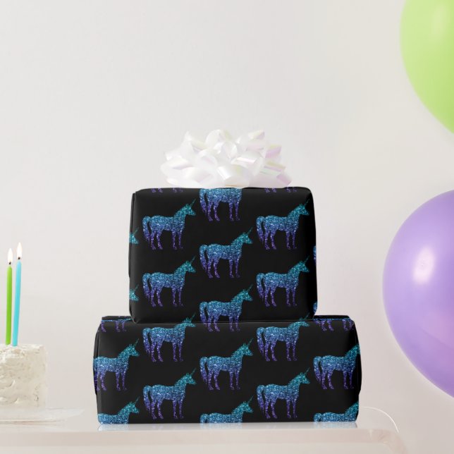 Unicorn Sparkles aqua blue ombre pattern black Wrapping Paper (Party Gifts)