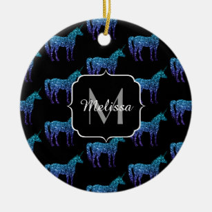 Unicorn Sparkles aqua blue ombre pattern Monogram Ceramic Ornament