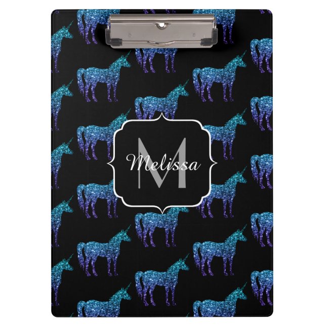 Unicorn Sparkles aqua blue ombre pattern Monogram Clipboard (Front)