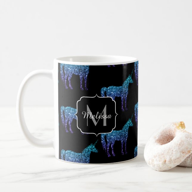 Unicorn Sparkles aqua blue ombre pattern Monogram Coffee Mug (With Donut)