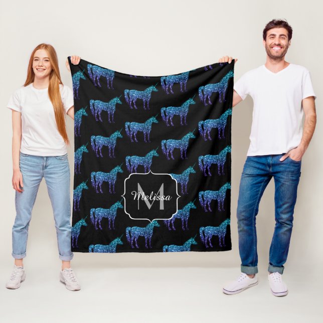 Unicorn Sparkles aqua blue ombre pattern Monogram Fleece Blanket (In Situ)