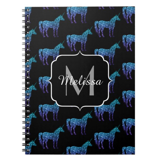 Unicorn Sparkles aqua blue ombre pattern Monogram Notebook (Front)