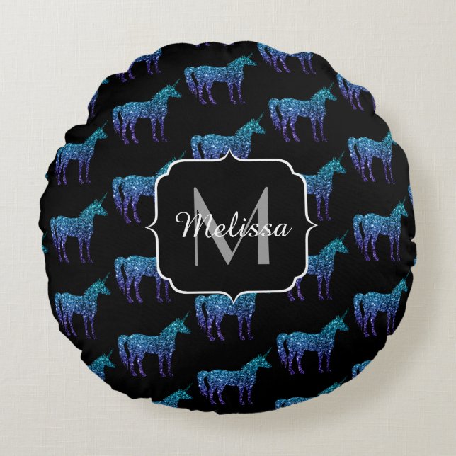 Unicorn Sparkles aqua blue ombre pattern Monogram Round Cushion (Front)