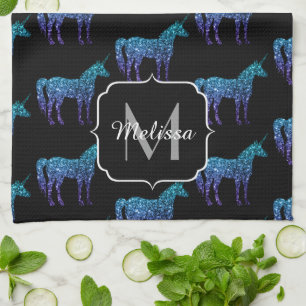 Unicorn Sparkles aqua blue ombre pattern Monogram Tea Towel