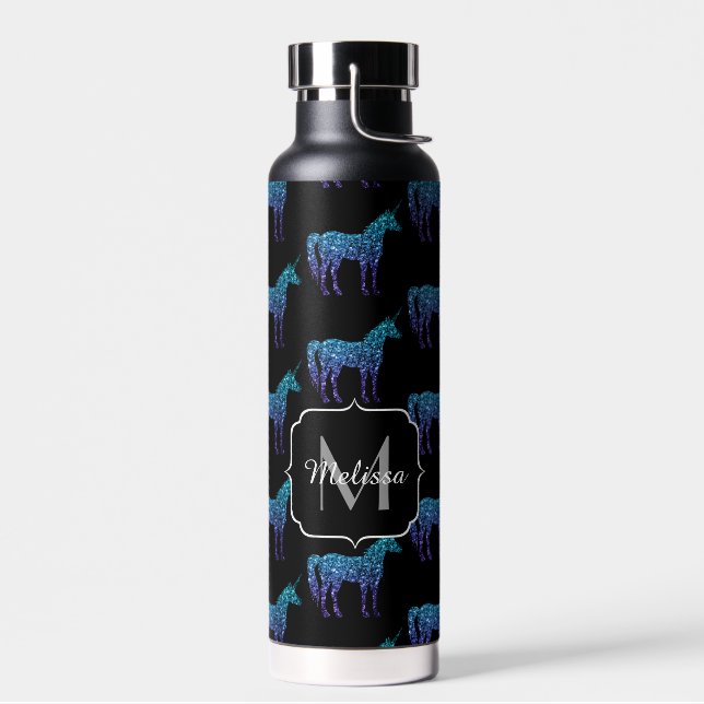 Unicorn Sparkles aqua blue ombre pattern Monogram Water Bottle (Left)