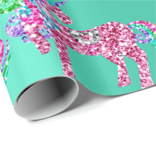 Unicorn Sparkly Glitter Pink Fairly Mint Lux Green Wrapping Paper