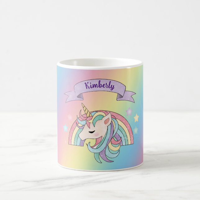 Unicorn & Sparkly Rainbow Custom Name Colourful Coffee Mug (Center)