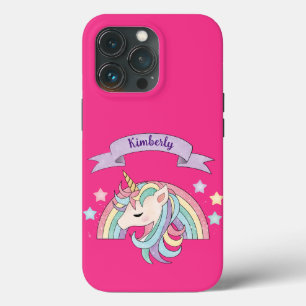Unicorn & Sparkly Rainbow Custom Name on Hot Pink iPhone 13 Pro Case