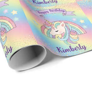 Unicorn & Sparkly Rainbow with Gold Glitter Wrapping Paper
