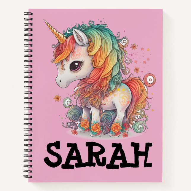 UNICORN SPIRAL PERSONALIZED NAME PINK NOTEBOOK (Front)