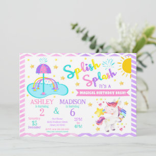 Unicorn & Splash Pad Joint Birthday   Water Park Invitation