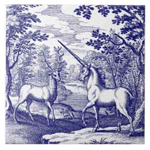 Unicorn & Stag Blue & White Ceramic Tile