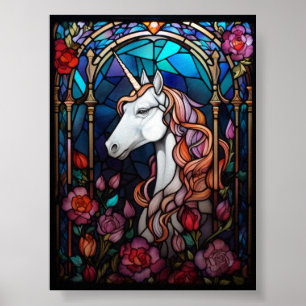 Unicorn Stained Glass Art with Magical Roses Poster