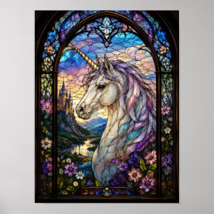 Unicorn Stained Glass Window Fantasy Cathedral Art Poster