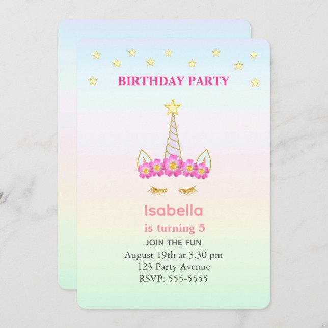 Unicorn & Stars on Pastel Colours Girl Birthday Invitation (Front/Back)