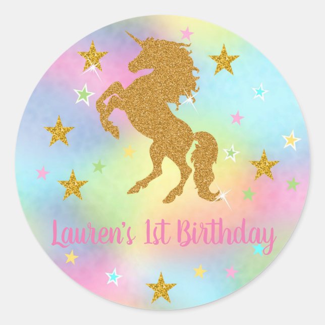 Unicorn Stickers, Gold Glitter Unicorn, favours Classic Round Sticker (Front)