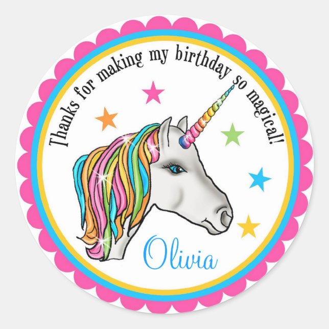 Unicorn Stickers, Unicorn birthday party stickers (Front)