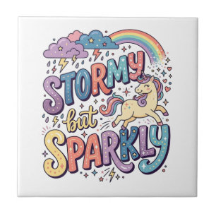 Unicorn Stormy but Sparkly Whimsical Merch Design_ Ceramic Tile