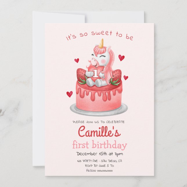 Unicorn strawberry cake birthday invitation (Front)