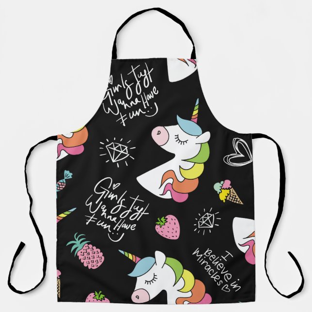Unicorn, strawberry, pineapple, ice cream drawings apron (Front)