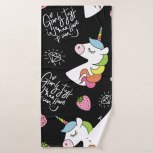 Unicorn, strawberry, pineapple, ice cream drawings bath towel