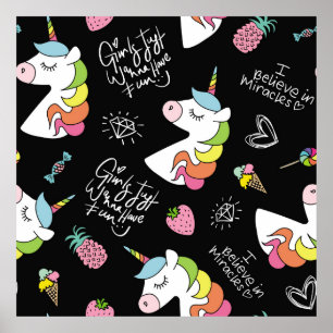 Unicorn, strawberry, pineapple, ice cream drawings poster