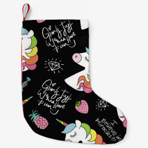 Unicorn, strawberry, pineapple, ice cream drawings small christmas stocking