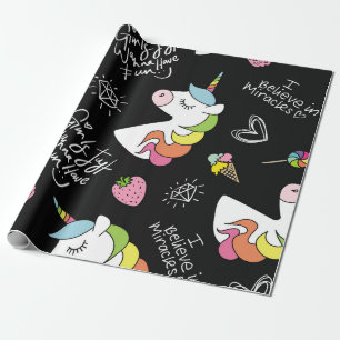 Unicorn, strawberry, pineapple, ice cream drawings wrapping paper