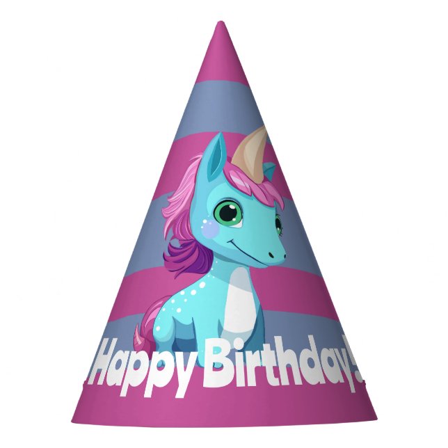 Unicorn Striped Birthday Party Hat (Front)