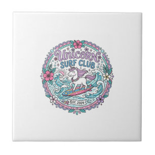 Unicorn Surf Club Playful Shirt Graphic_1 Ceramic Tile