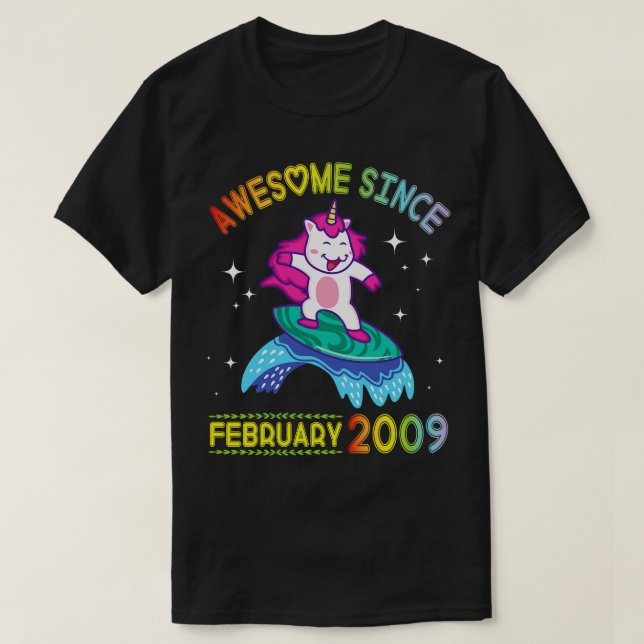 Unicorn Surfing Awesome Since February 2009 Happy  T-Shirt (Design Front)